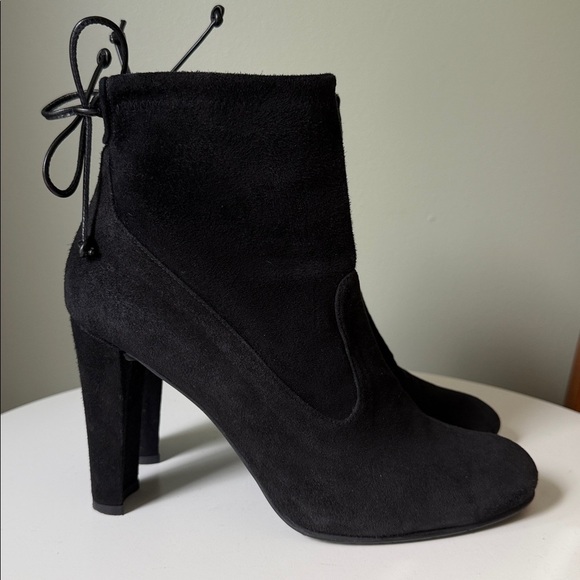 Stuart Weitzman Glove High-Heel Booties Suede Satin Lined Neutral Girl Boss 8 - Picture 1 of 17